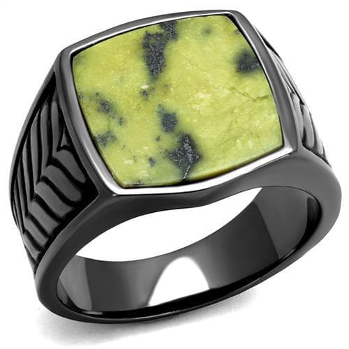 Stainless Steel Black IP Green Serpentine Square Cabochon Ring