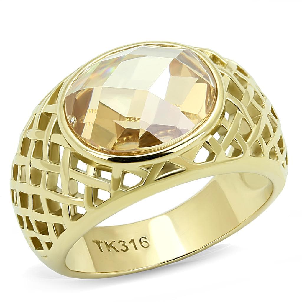 Stainless Steel Gold IP Champagne Crystal Lattice Cage Dome Ring