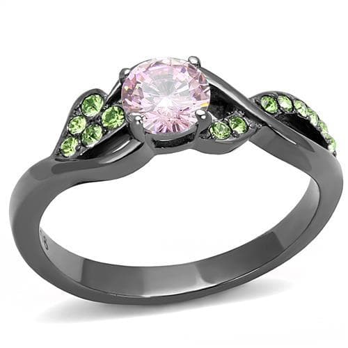 Stainless Steel Black IP Pink CZ Solitaire Green Accent Ring