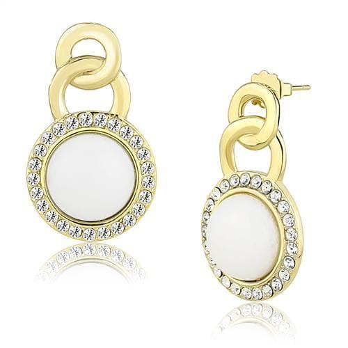 Stainless Steel Gold IP White Mother Of Pearl CZ Halo Earrings