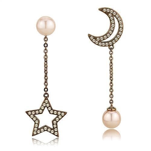 Stainless Steel Gold IP CZ Pave Star Moon Pearl Chain Earrings
