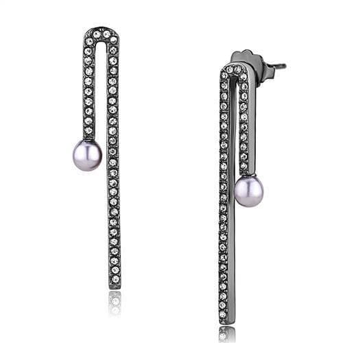 Stainless Steel Black IP CZ Pave Bar Pearl Linear Drop Earrings