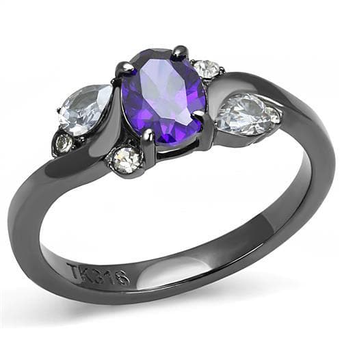 Stainless Steel Black IP Amethyst Purple Oval CZ Pear Three Ring