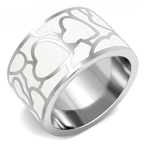 Stainless Steel White Enamel Heart Giraffe Spot Wide Band Ring