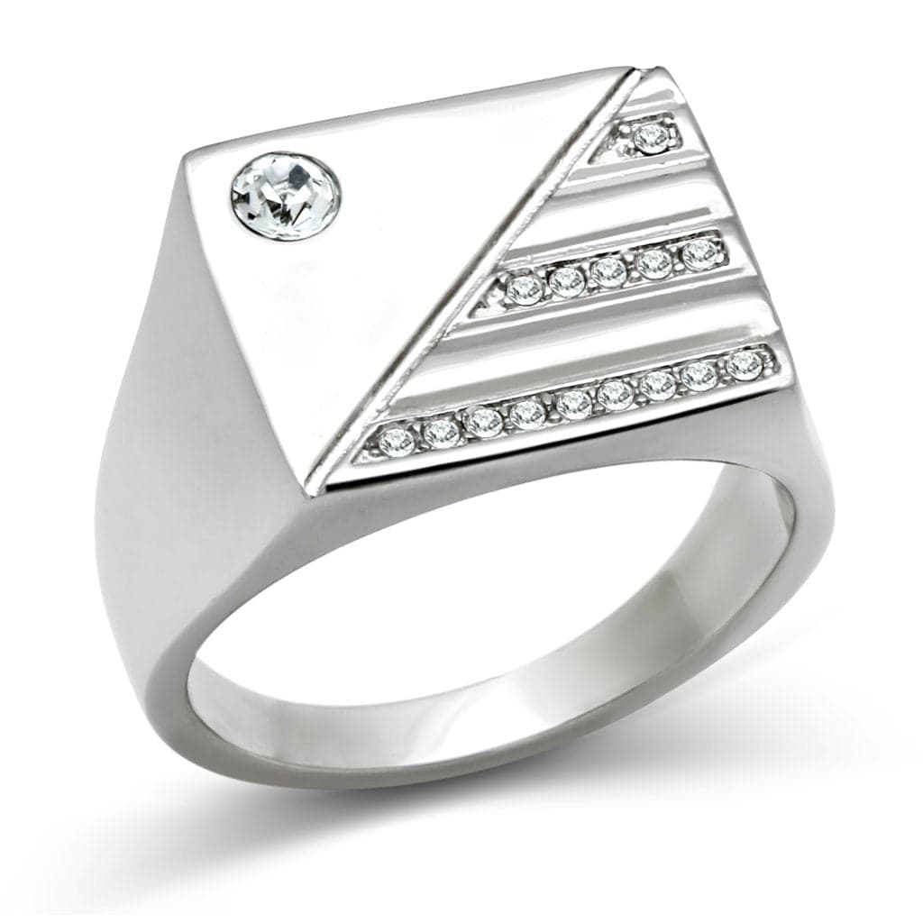 Stainless Steel Silver CZ Pave Diagonal Stripe Pyramid Mens Ring