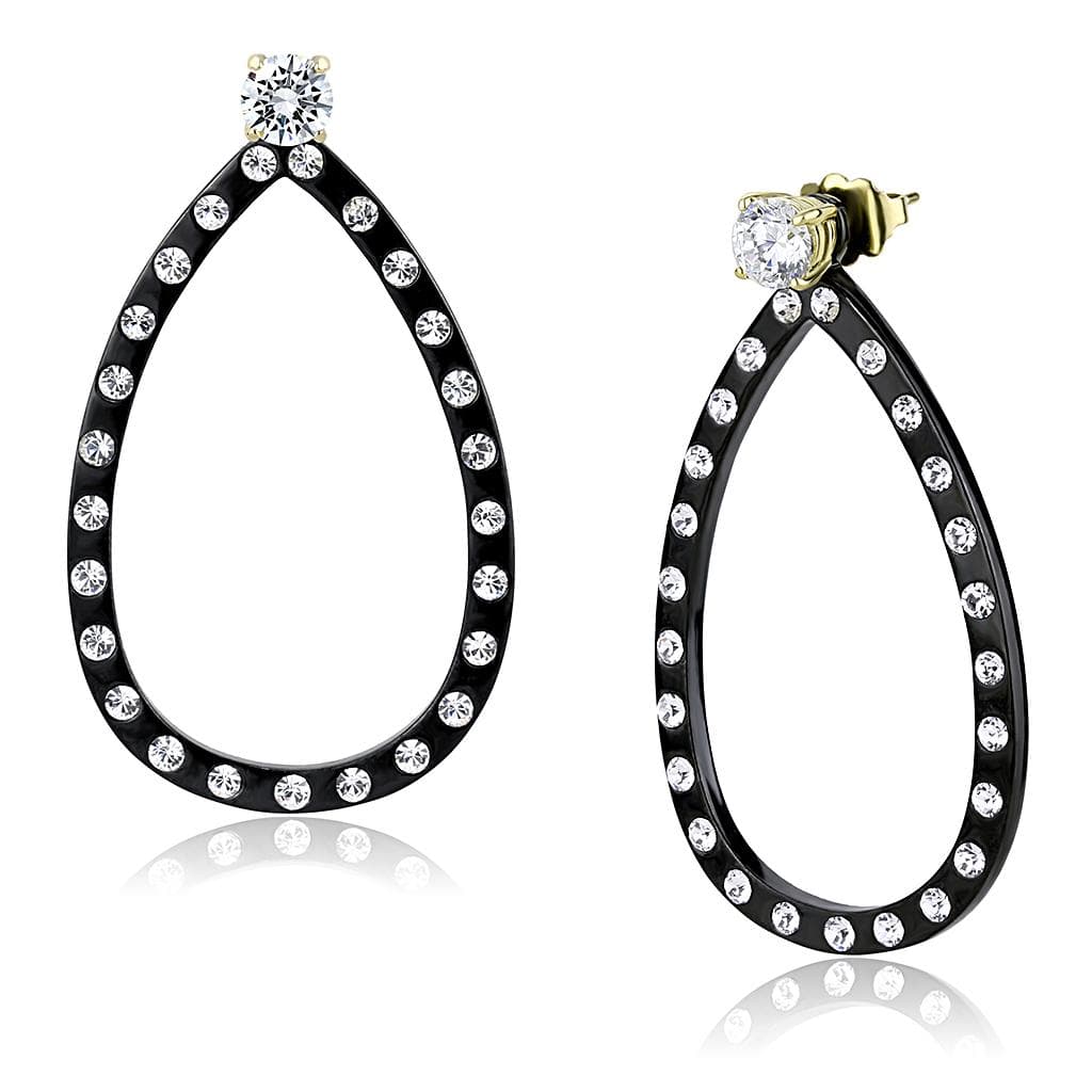 Stainless Steel Black IP CZ Pave Teardrop Hoop Earrings