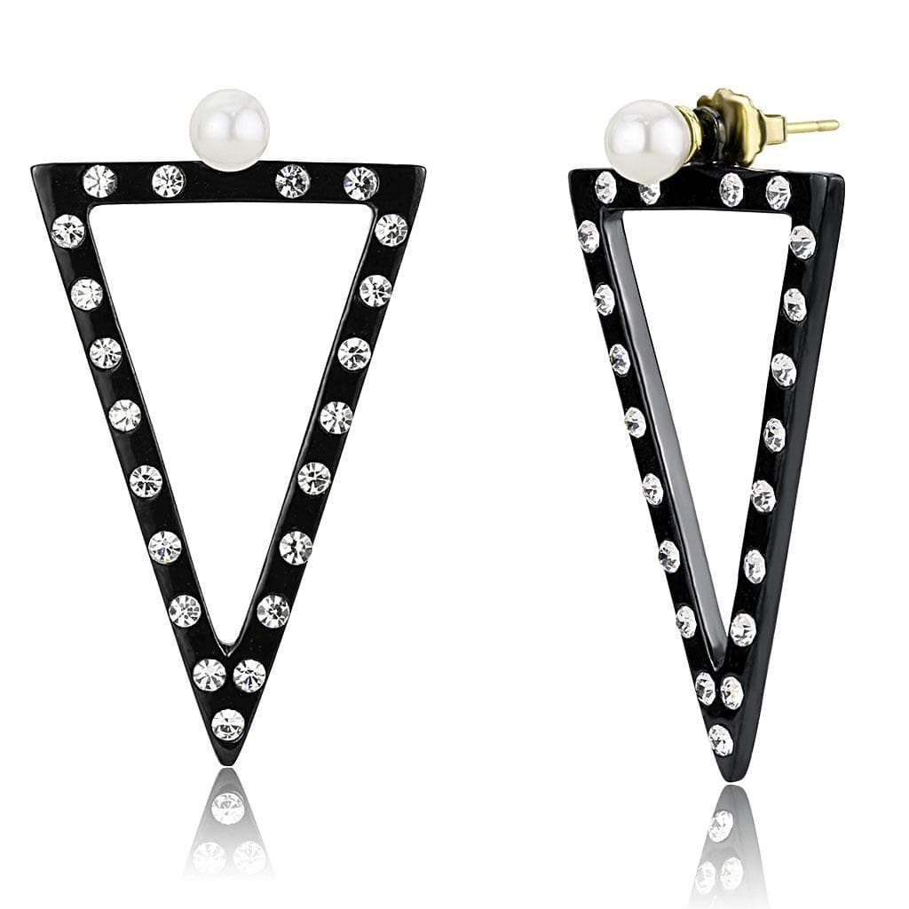Stainless Steel Black IP CZ Pave Triangle Pearl Stud Earrings