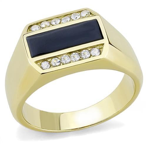 Stainless Steel Gold IP Dark Blue Onyx Rectangle CZ Channel Ring