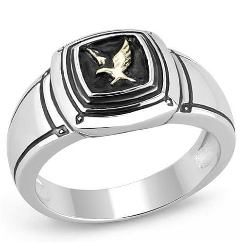 Stainless Steel Silver Black Enamel Gold Eagle Shield Mens Ring