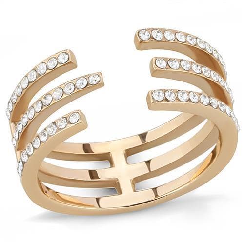Stainless Steel Rose Gold IP CZ Pave Triple Bar Open Cuff Ring