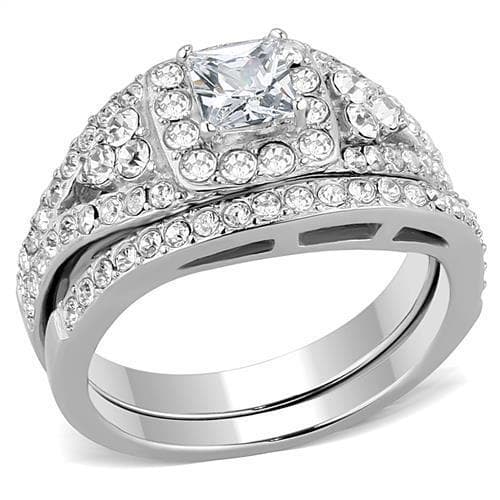 Stainless Steel CZ Princess Square Cluster Pave Halo Bridal Ring