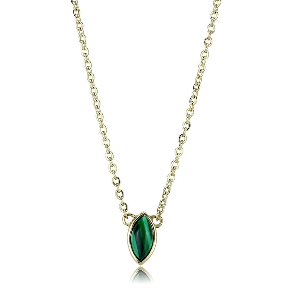 Stainless Steel Gold IP Green Malachite Marquise Bezel Necklace