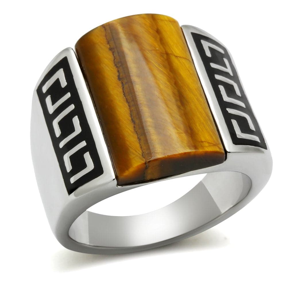 Stainless Steel Tiger Eye Rectangle Greek Key Carved Mens Ring
