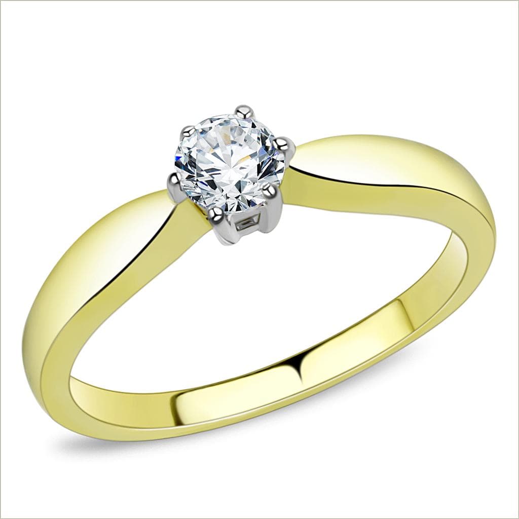 Stainless Steel Gold IP CZ Round Six Prong Bezel Solitaire Ring