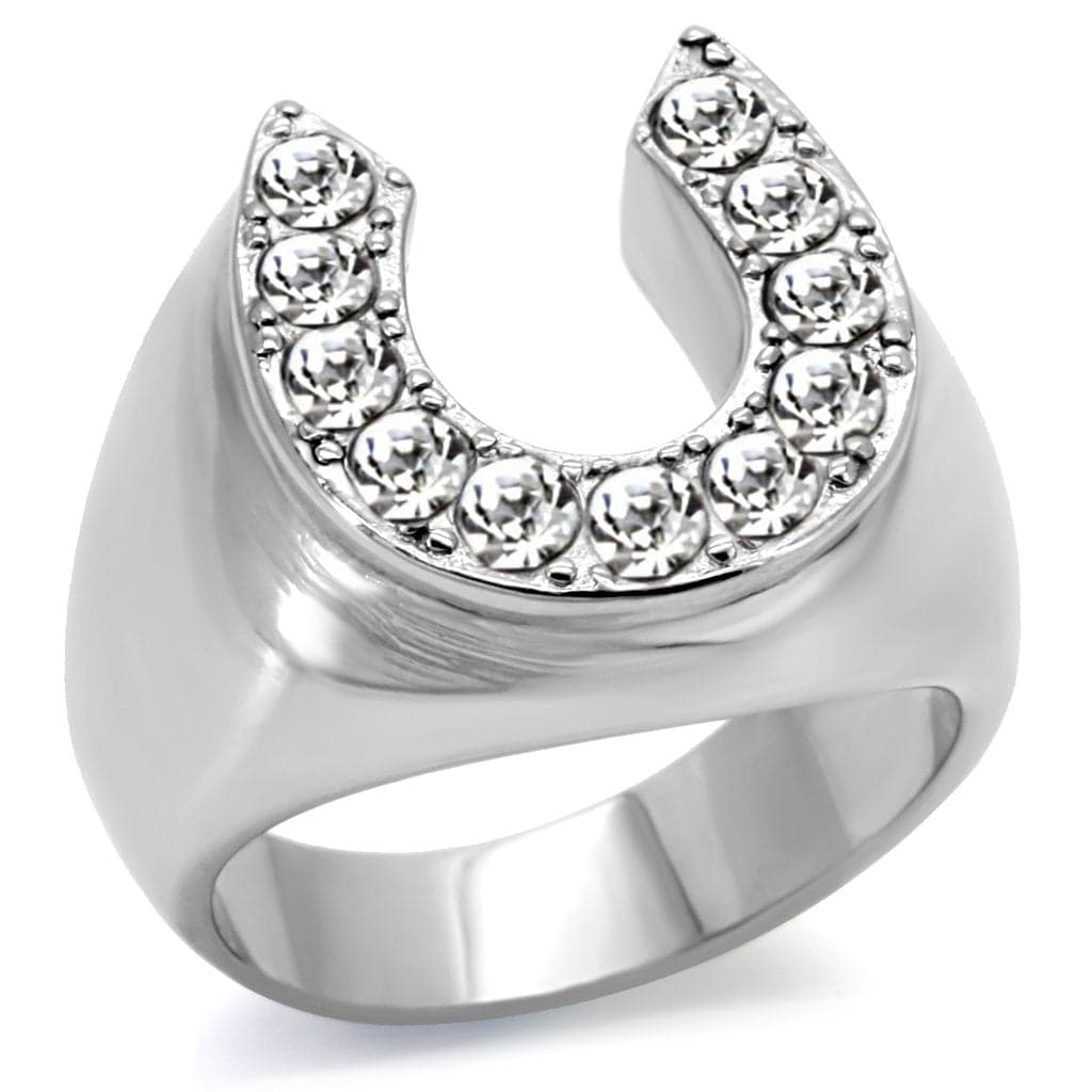 Stainless Steel Silver CZ Pave Horseshoe Lucky Cocktail Ring