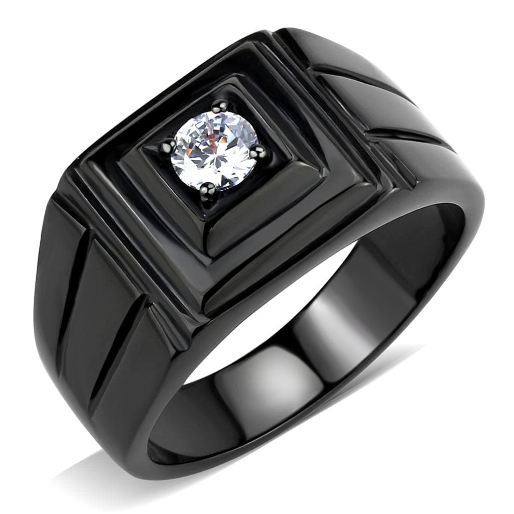 Stainless Steel Black IP CZ Round Square Bezel Polished Mens Ring