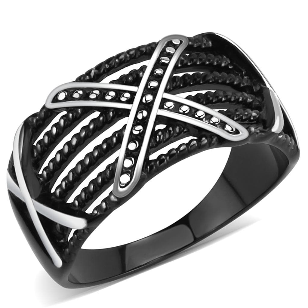 Stainless Steel Black IP Silver CZ Pave Rope Cable Crossover Ring