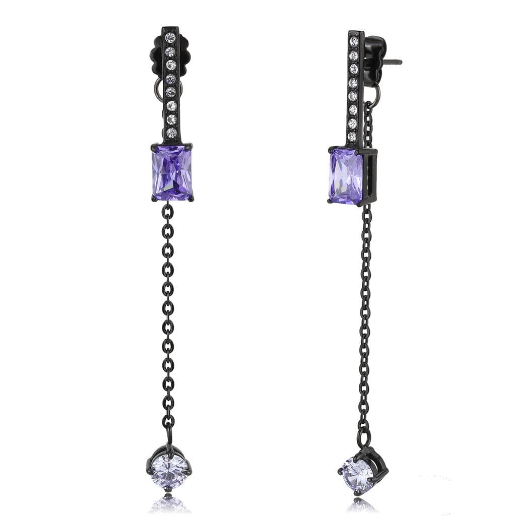 Stainless Steel Black IP Amethyst Princess CZ Chain Drop Earrings