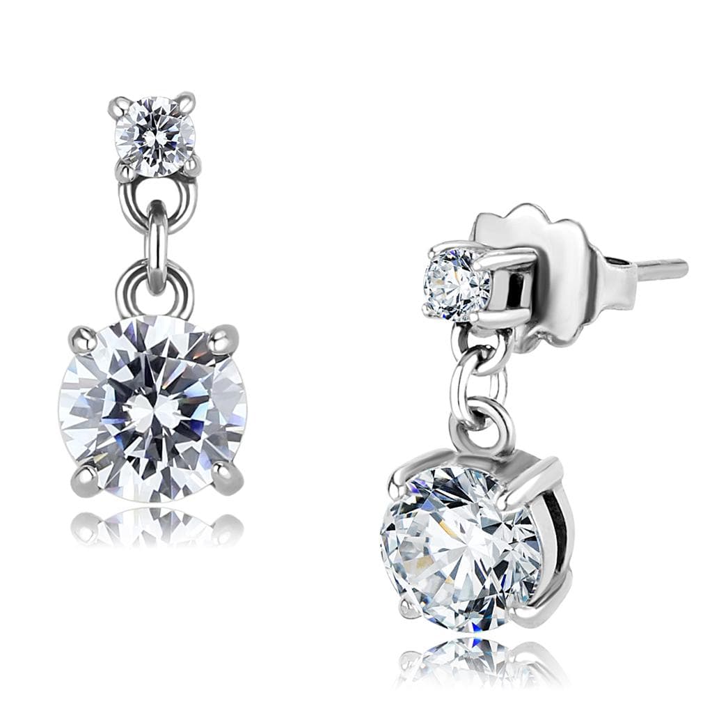 Sterling Silver CZ Round Double Drop Dangle Stud Earrings