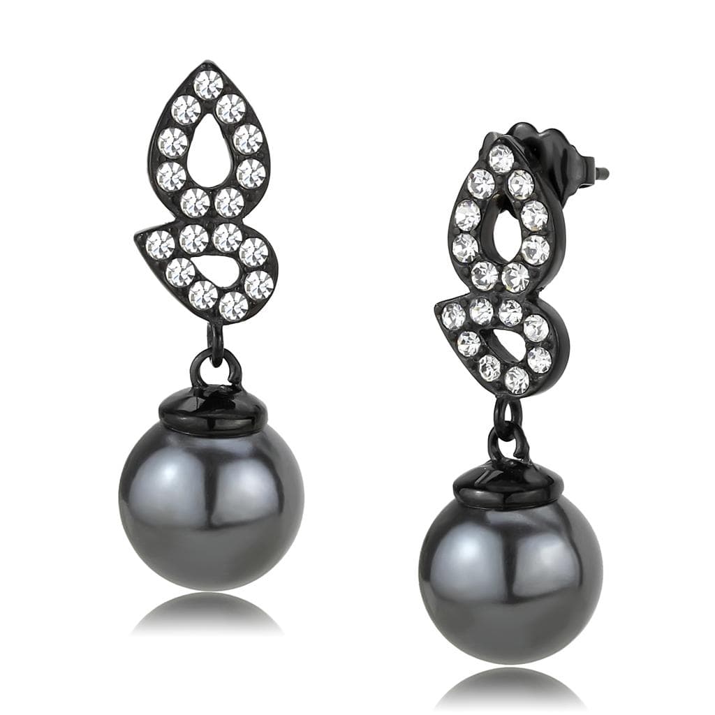 Stainless Steel Black IP Gray Pearl CZ Pave Infinity Earrings