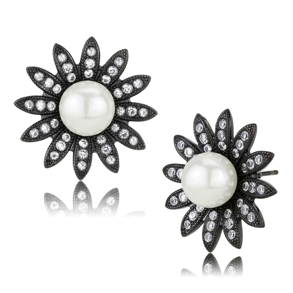 Stainless Steel Black IP White Pearl CZ Pave Sunflower Earrings