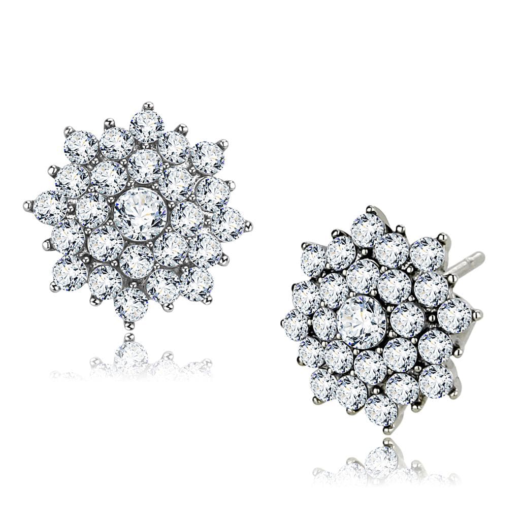 Stainless Steel Silver CZ Round Cluster Snowflake Stud Earrings