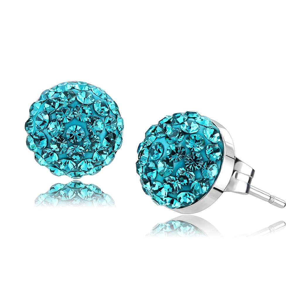 Stainless Steel Silver Teal Emerald Crystal Pave Ball Earrings