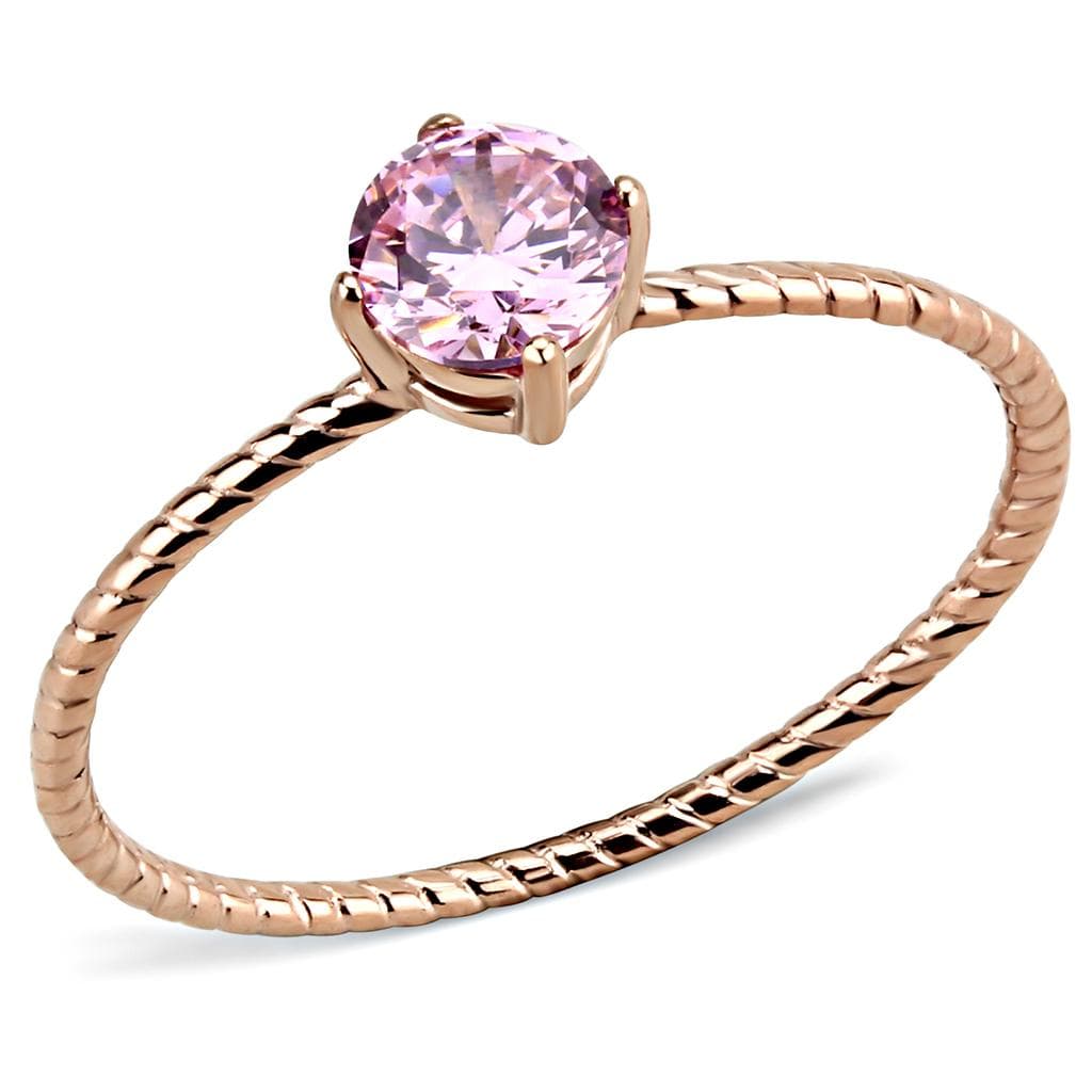 Stainless Steel Rose Gold IP Pink CZ Round Rope Twist Thin Ring