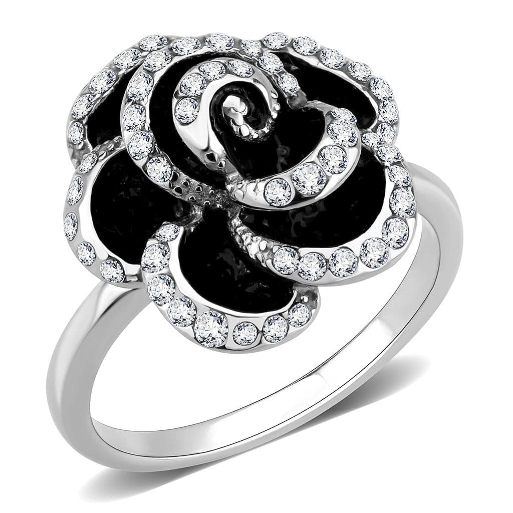Stainless Steel Silver Black Enamel CZ Pave Rose Flower Ring