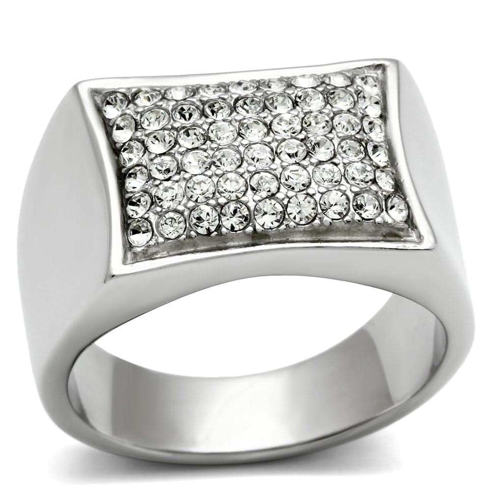 Stainless Steel CZ Pave Grid Square Flat Top Mens Signet Ring