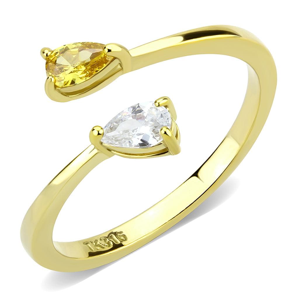 Stainless Steel Gold IP Yellow Citrine Pear CZ Heart Open Ring