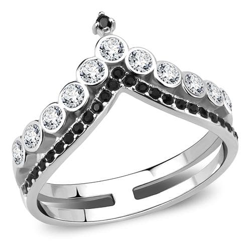 Stainless Steel Silver Black CZ Bezel Channel Crown Tiara Ring