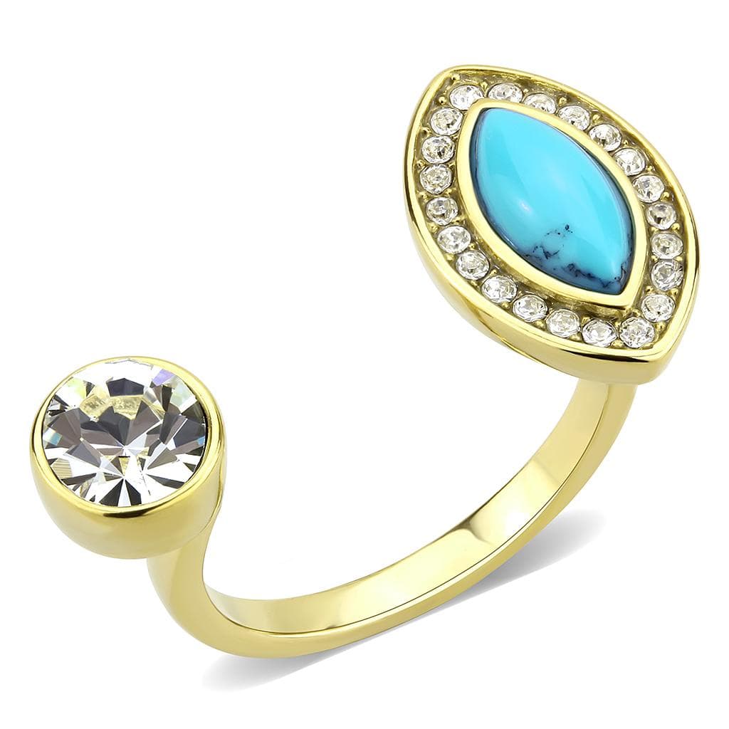 Stainless Steel Gold IP Turquoise Pear CZ Bezel Double Ring