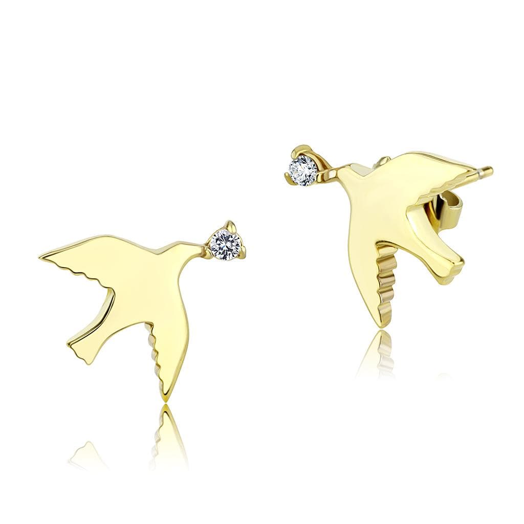 Stainless Steel Gold IP Polished Swallow Bird CZ Eye Earrings