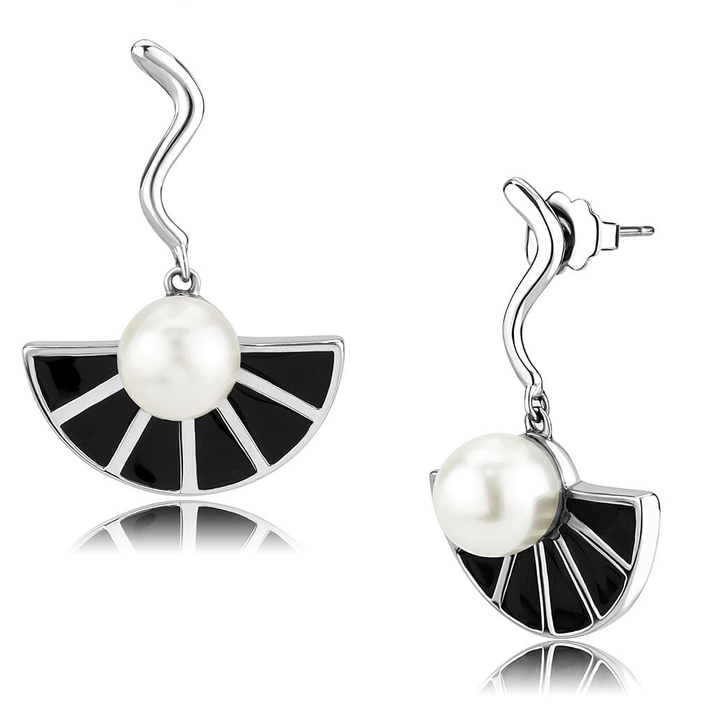 Stainless Steel Silver Black Enamel Pearl Fan Half Earrings
