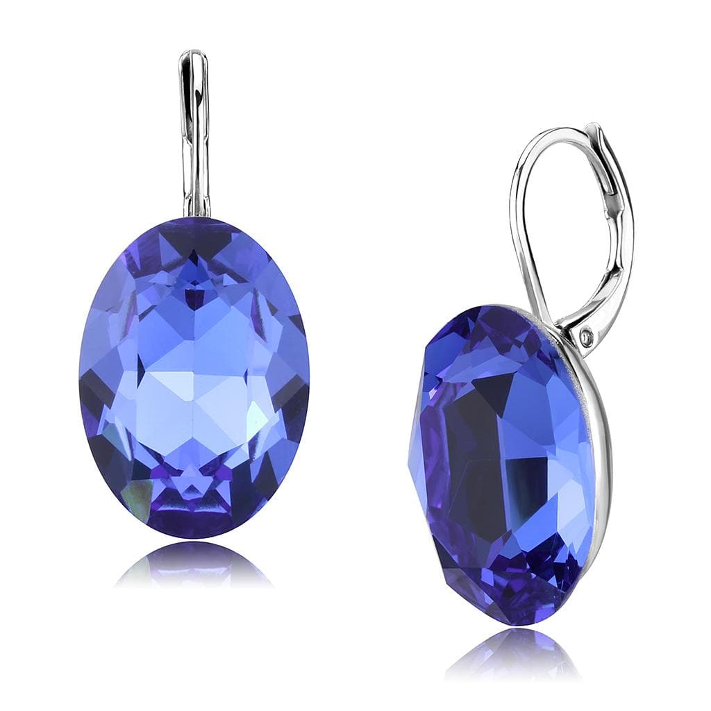 Stainless Steel Silver Blue Tanzanite Crystal Oval Lever Earrings