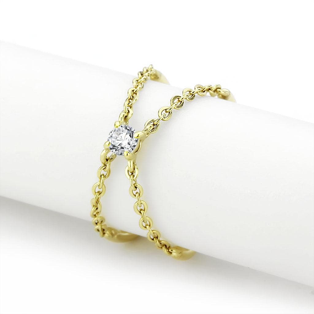 Stainless Steel Gold IP CZ Bezel Station Chain Ring