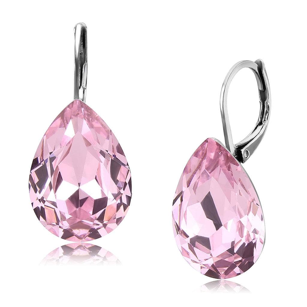 Stainless Steel Silver Light Rose Pink Crystal Pear Earrings