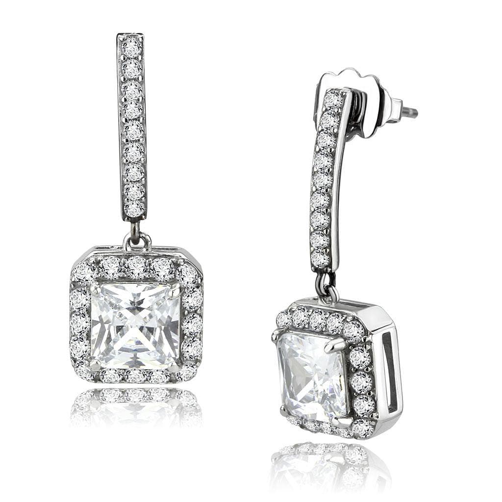 Stainless Steel CZ Princess Square Halo Pave Huggie Drop Earrings