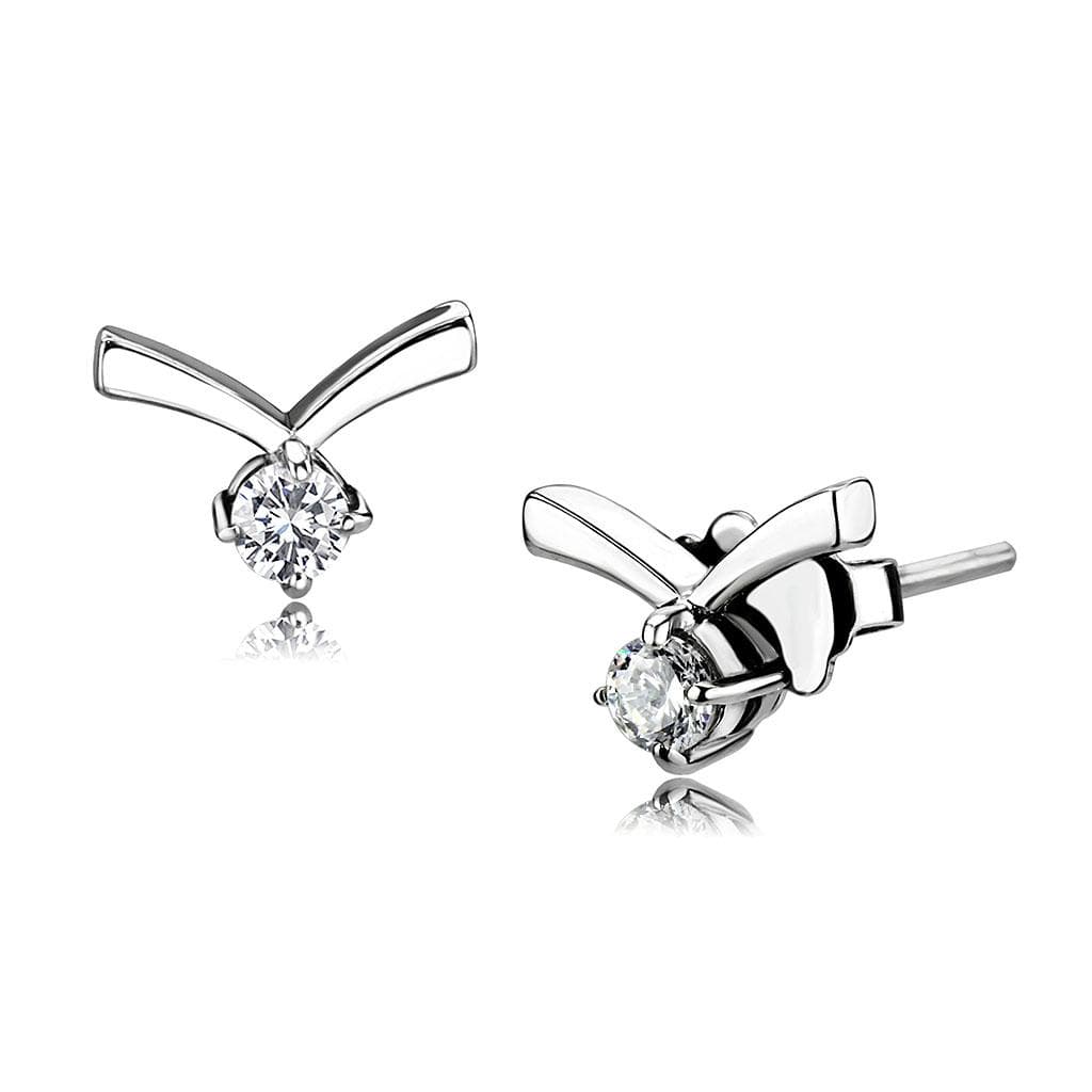 Stainless Steel Silver CZ Round Ribbon Bow Drop Stud Earrings