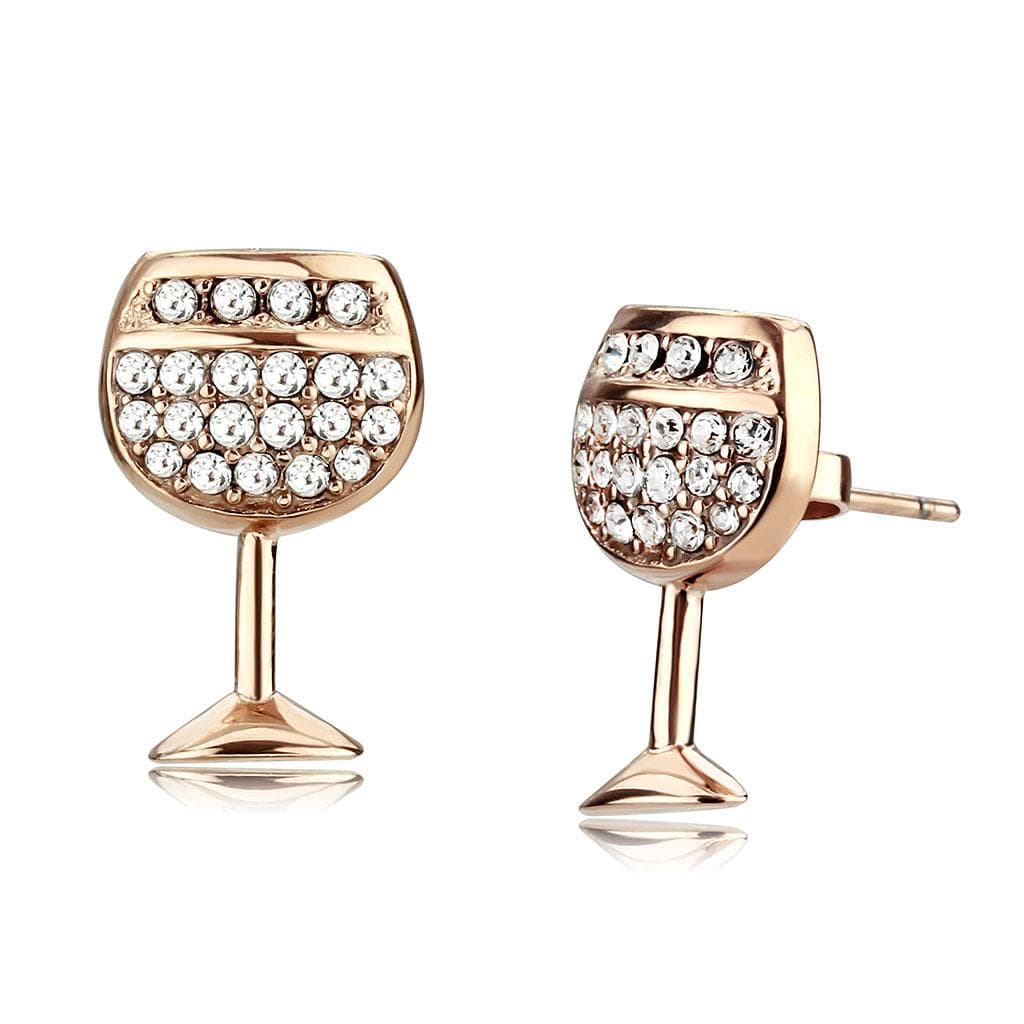 Stainless Steel Rose Gold IP CZ Pave Wine Glass Novelty Earrings
