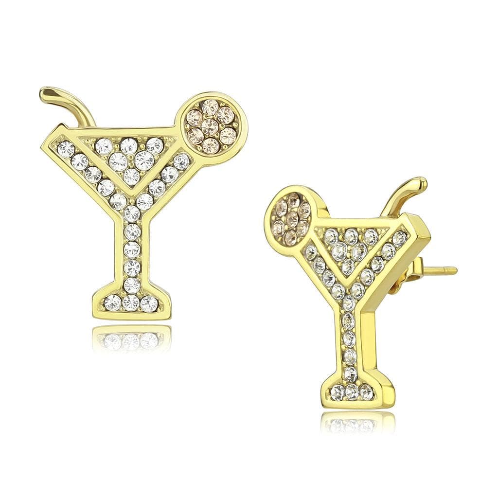 Stainless Steel Gold IP CZ Pave Martini Glass Cocktail Earrings
