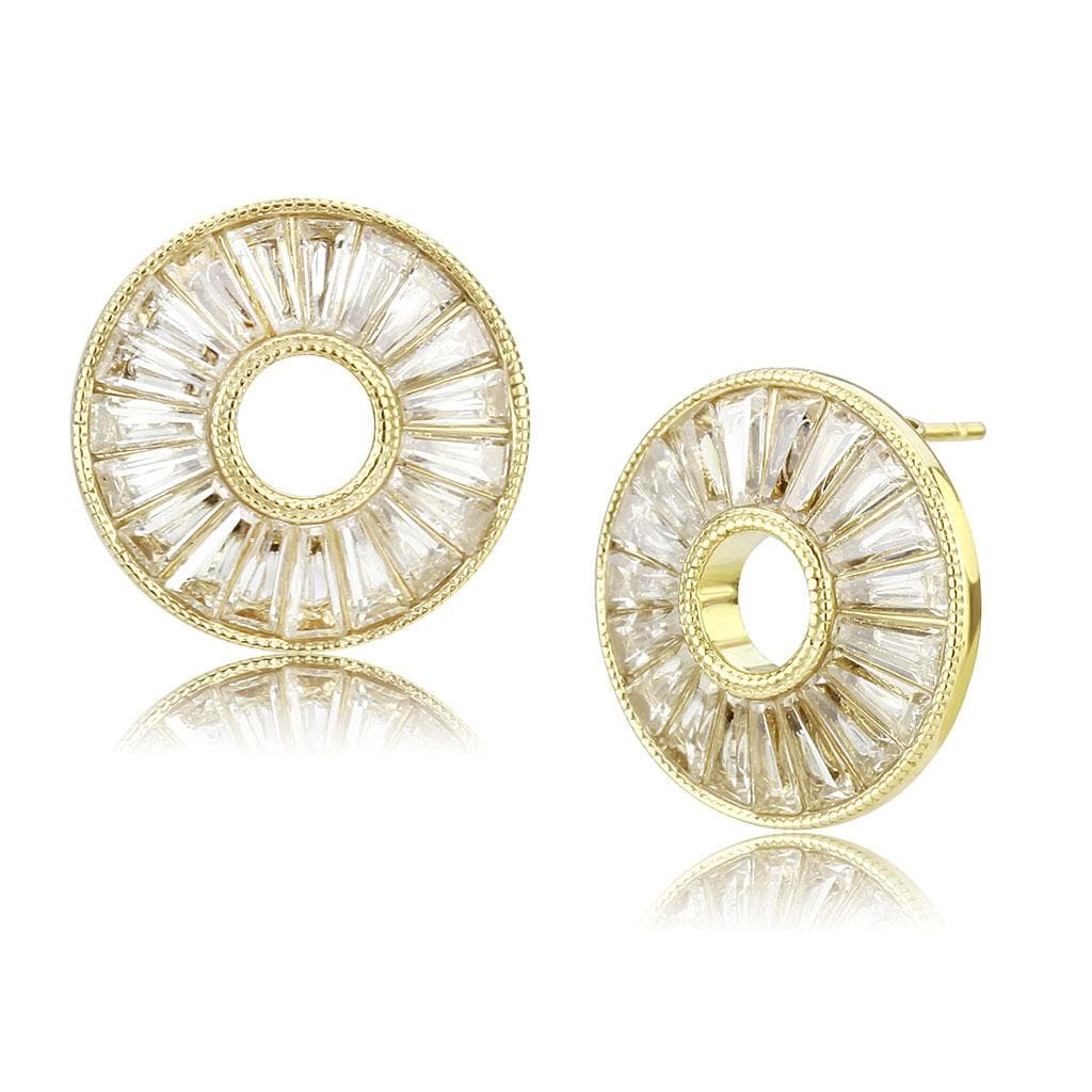 Stainless Steel Gold IP CZ Baguette Circle Sunburst Halo Earrings