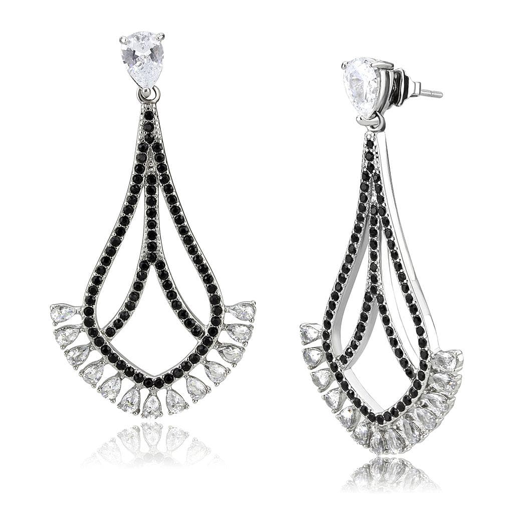 Stainless Steel Silver Black CZ Pave Teardrop Chandelier Earrings