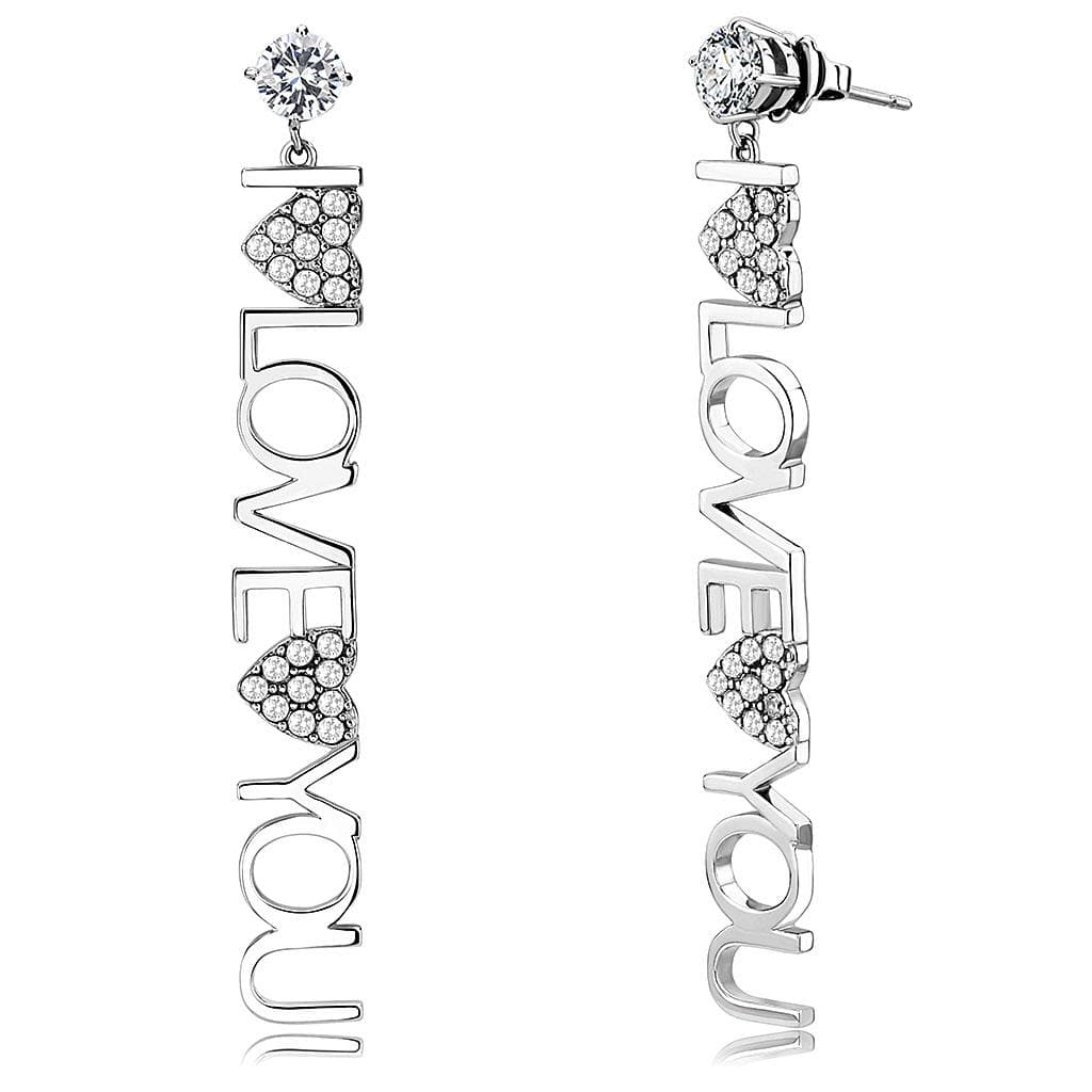 Stainless Steel Silver CZ Pave I LOVE YOU Letter Earrings