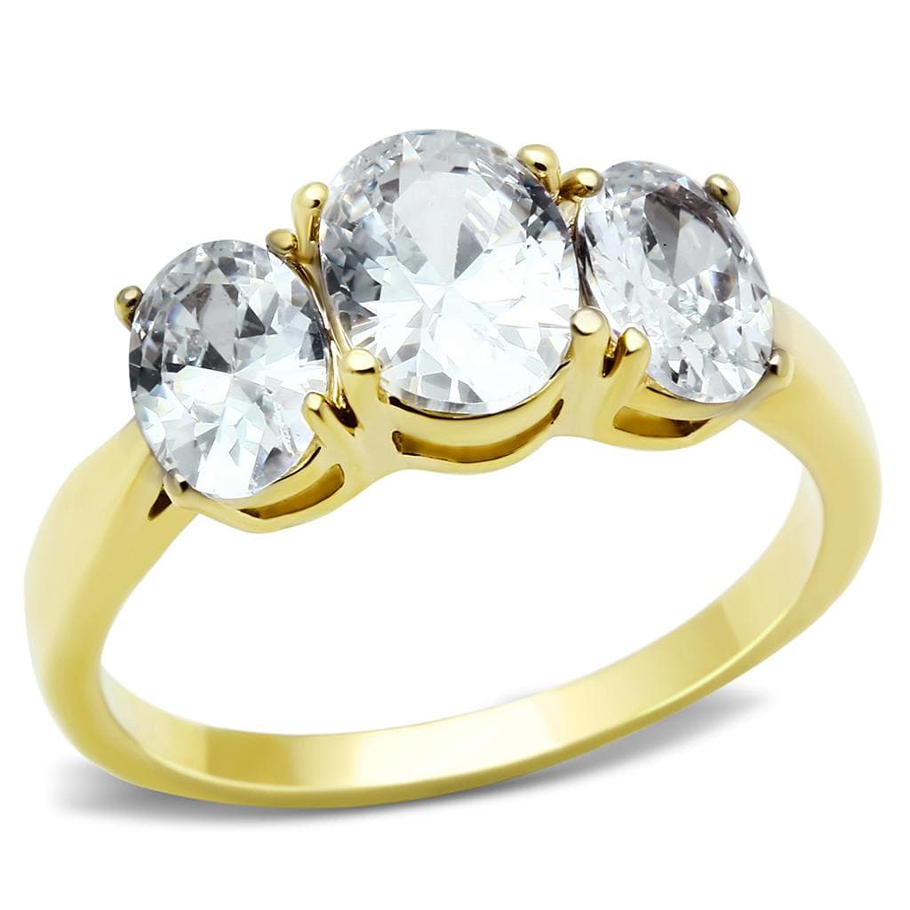 Stainless Steel Gold IP CZ Oval Three Stone Classic Ring
