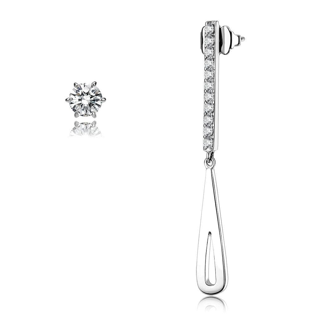 Stainless Steel Silver CZ Round Solitaire Bar Drop Earrings