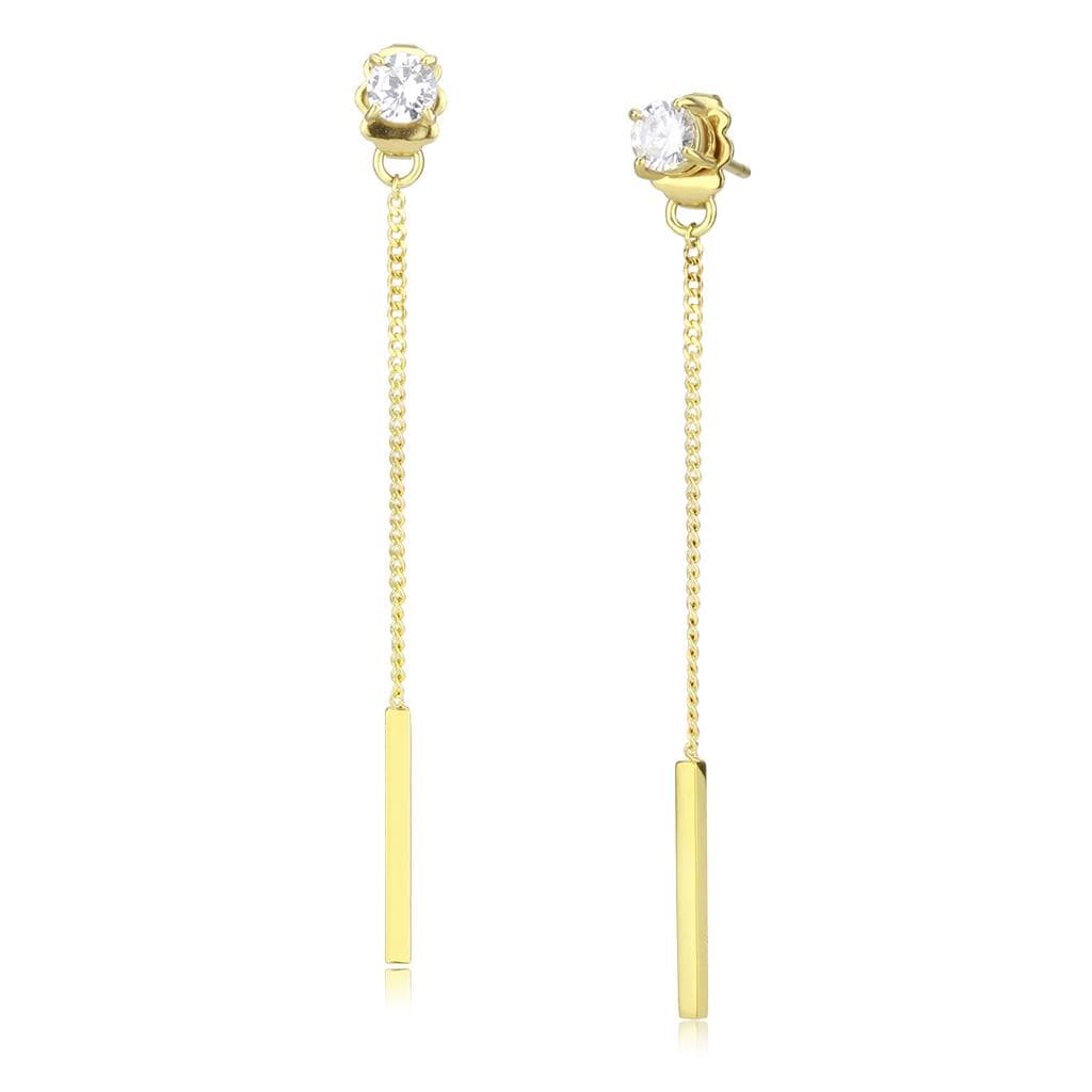 Stainless Steel Gold IP CZ Round Bar Chain Threader Drop Earrings