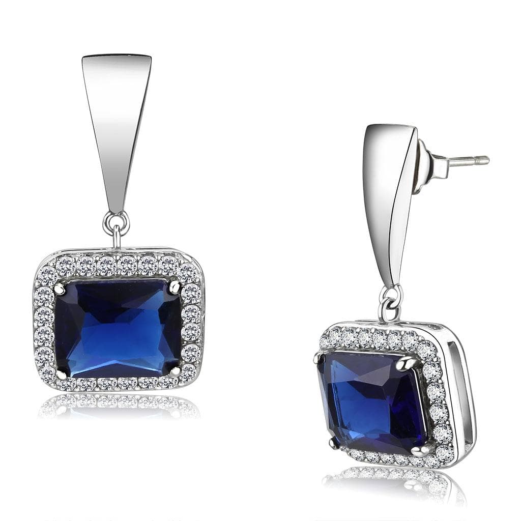 Stainless Steel London Blue CZ Square Halo Pendant Earrings