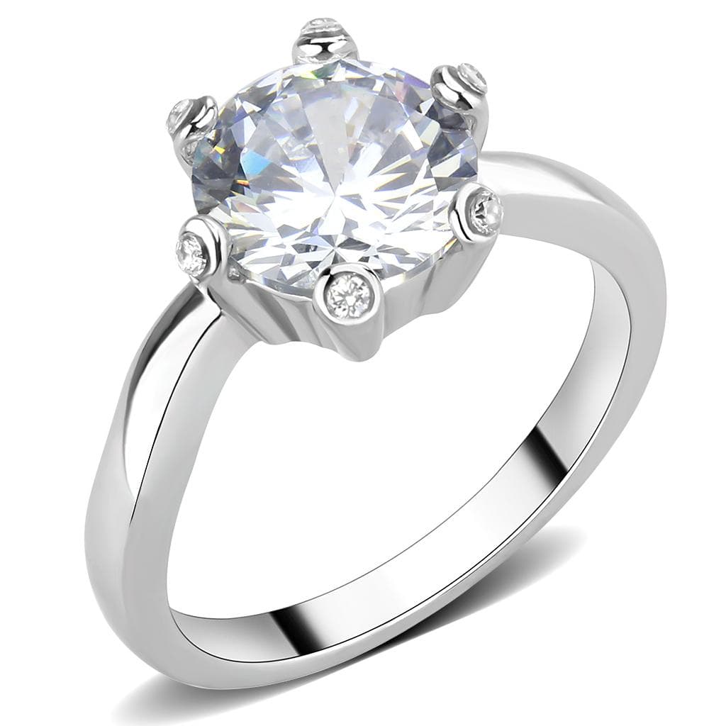 Stainless Steel Silver CZ Round Six Prong Solitaire Ring